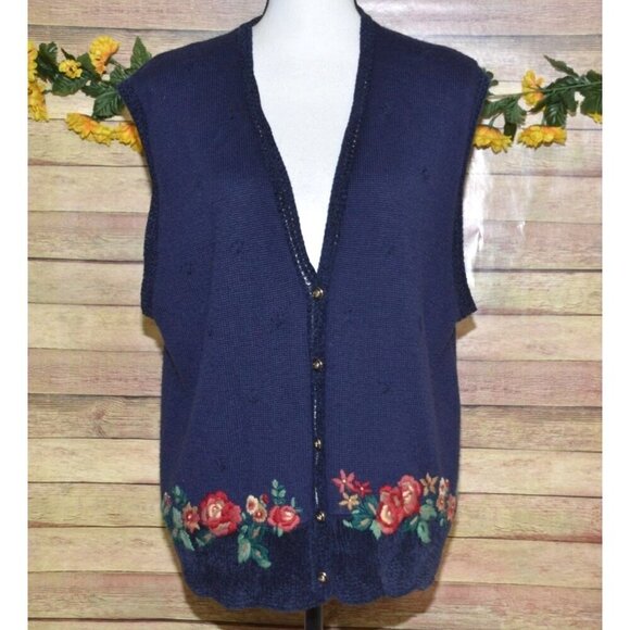 Vintage Koret Ladies L Blue Wool Blend Cardigan Vest Sweater Embroidered Floral - Picture 1 of 11